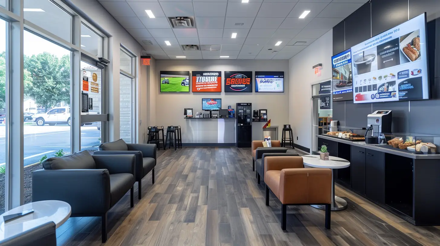  A modern auto shop waiting room with sleek digital signage displaying vibrant informational content, customers engaged with the screens, comfortable seating, a coffee station, and a clean, organized environment reflecting efficient communication and customer satisfaction.