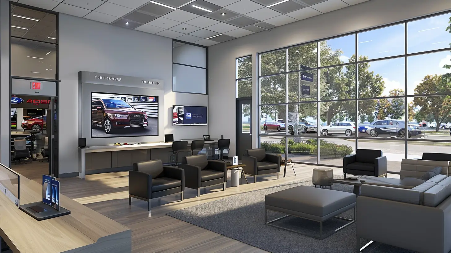  A modern automotive shop waiting room with sleek digital signage displaying interactive car maintenance tips, vibrant animations, and a comfortable seating area where engaged customers watch the screens with interest.