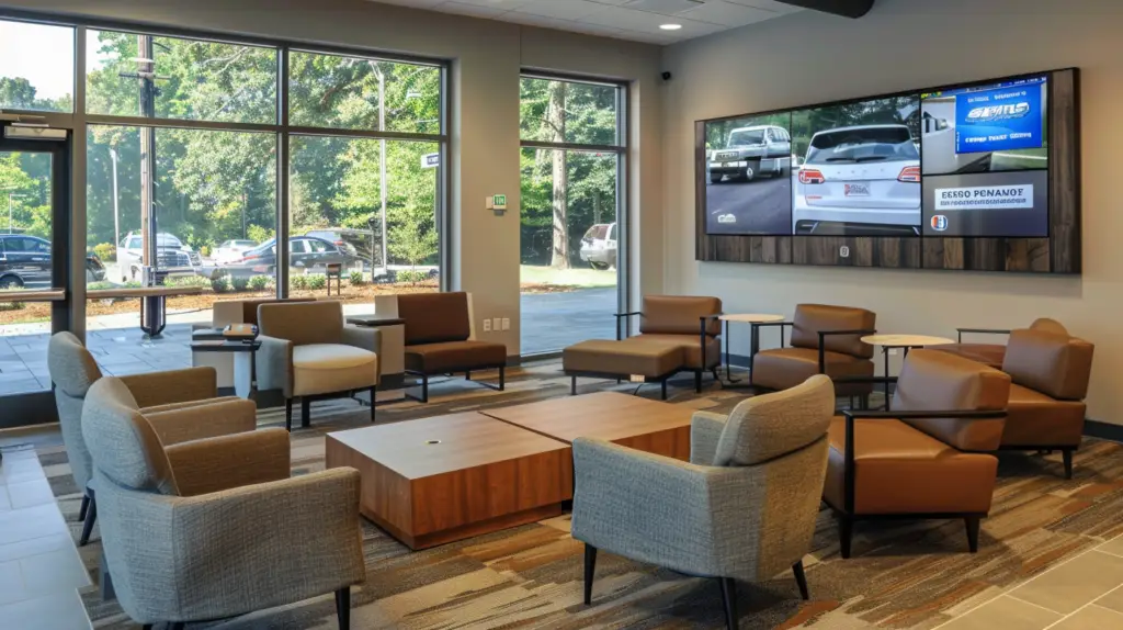 A modern automotive waiting room featuring sleek digital signage displays showing car maintenance tips and entertainment; comfortable seating, warm lighting, and a welcoming atmosphere with customers engaged and relaxed.