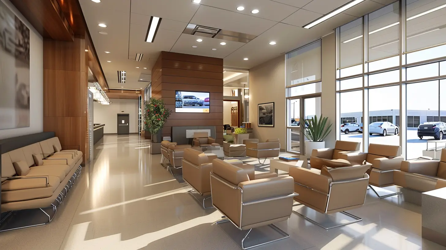  A modern automotive waiting room with sleek digital signage displaying soothing animations and engaging content, comfortable seating, warm lighting, and customers relaxed and entertained, creating a pleasant and inviting atmosphere.