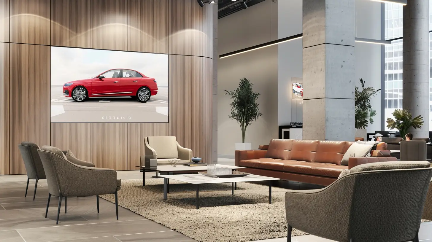  A modern car dealership waiting room with a sleek TV screen displaying happy customers with their new cars, smiling and giving thumbs up, showcasing vibrant, positive testimonials amidst a stylish and comfortable lounge area.