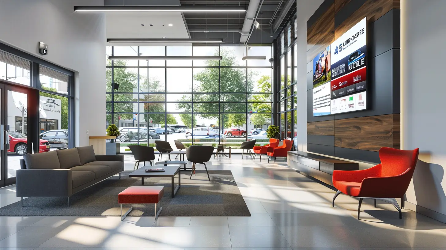  A modern car dealership waiting room with a sleek, wall-mounted TV displaying vibrant graphics of local news and weather updates, surrounded by comfortable seating and large windows showcasing a sunny day outside.