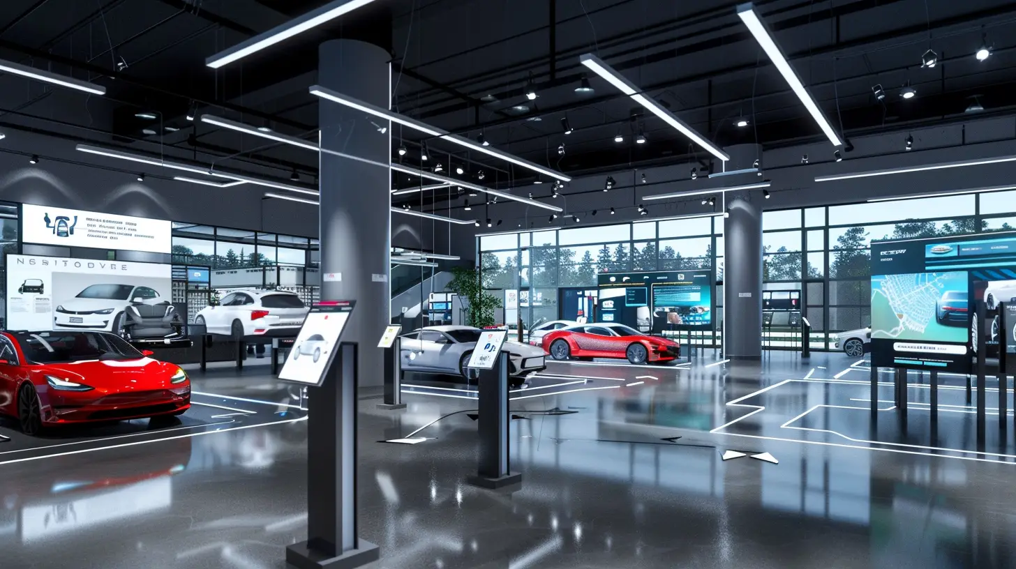 A modern car dealership with sleek digital kiosks and large, bright screens displaying interactive maps, guiding customers through the showroom and service areas, highlighting pathways with arrows and icons, surrounded by a variety of cars.