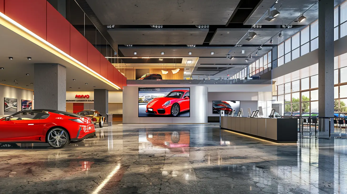 A sleek car dealership lobby with a modern digital welcome screen, showing animated car models, vibrant colors, and dynamic graphics reflecting automotive themes, enhancing a high-tech, engaging customer experience.