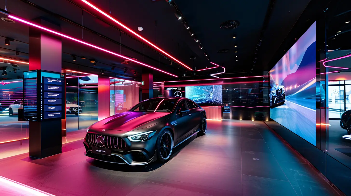 A sleek car showroom with vibrant digital screens displaying promotions, interactive service menus, and customer testimonials, surrounded by ambient lighting and modern design elements, showcasing the seamless integration of technology and automotive elegance.