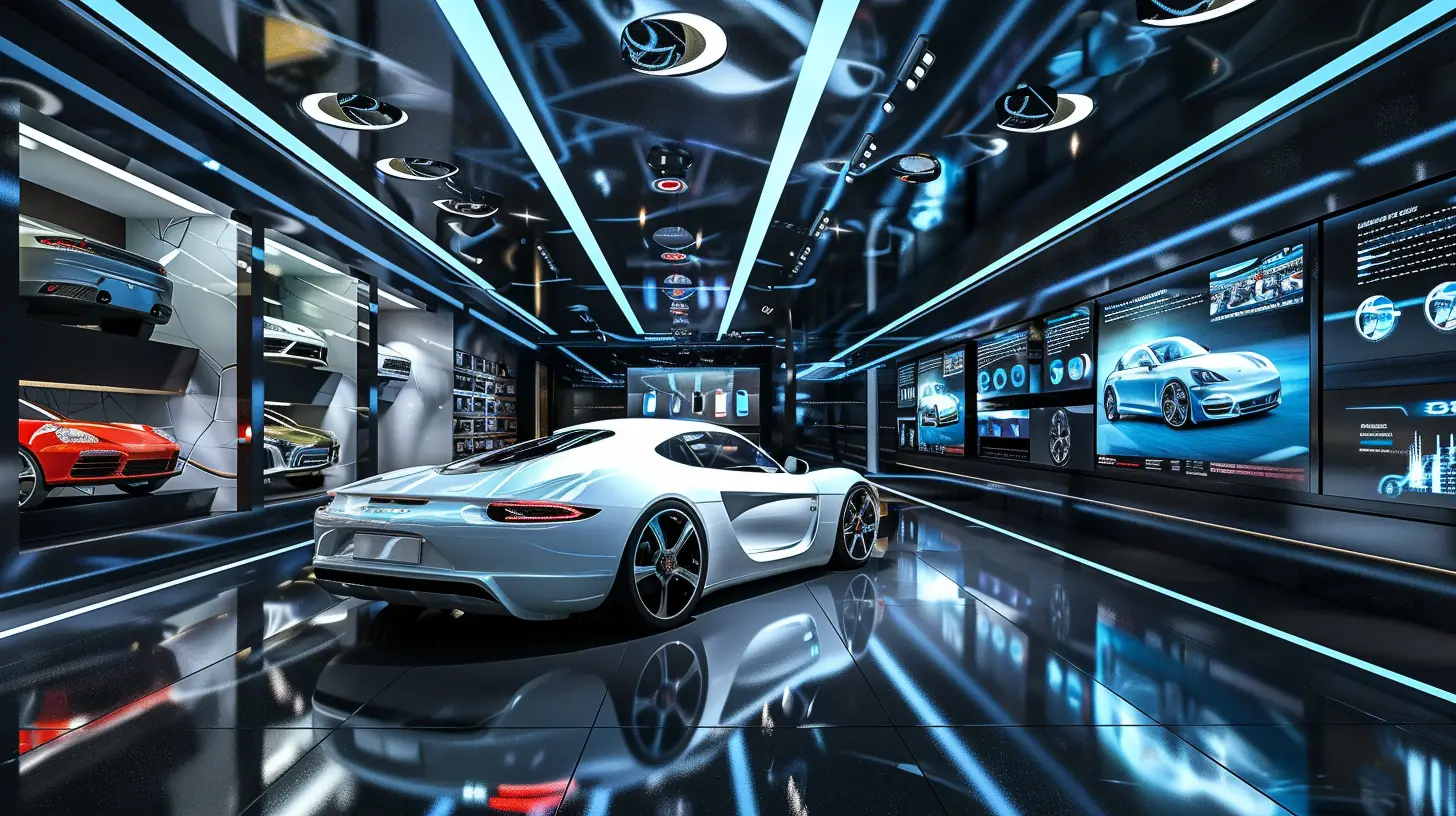 A sleek, futuristic car showroom with vibrant digital signage displays, showcasing dynamic car advertisements and interactive touchscreens, with high-tech ambiance, modern lighting, and a glossy, polished floor reflecting the digital screens.
