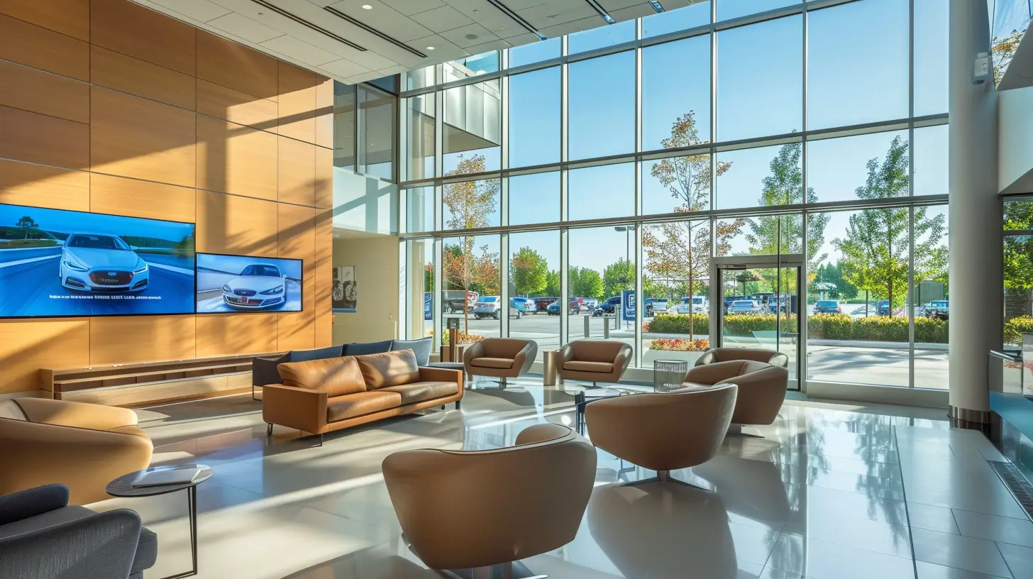  A sleek, modern automotive waiting area with comfortable seating, vibrant digital displays featuring car maintenance updates, promotional videos, and entertainment content, all bathed in natural light from large windows.