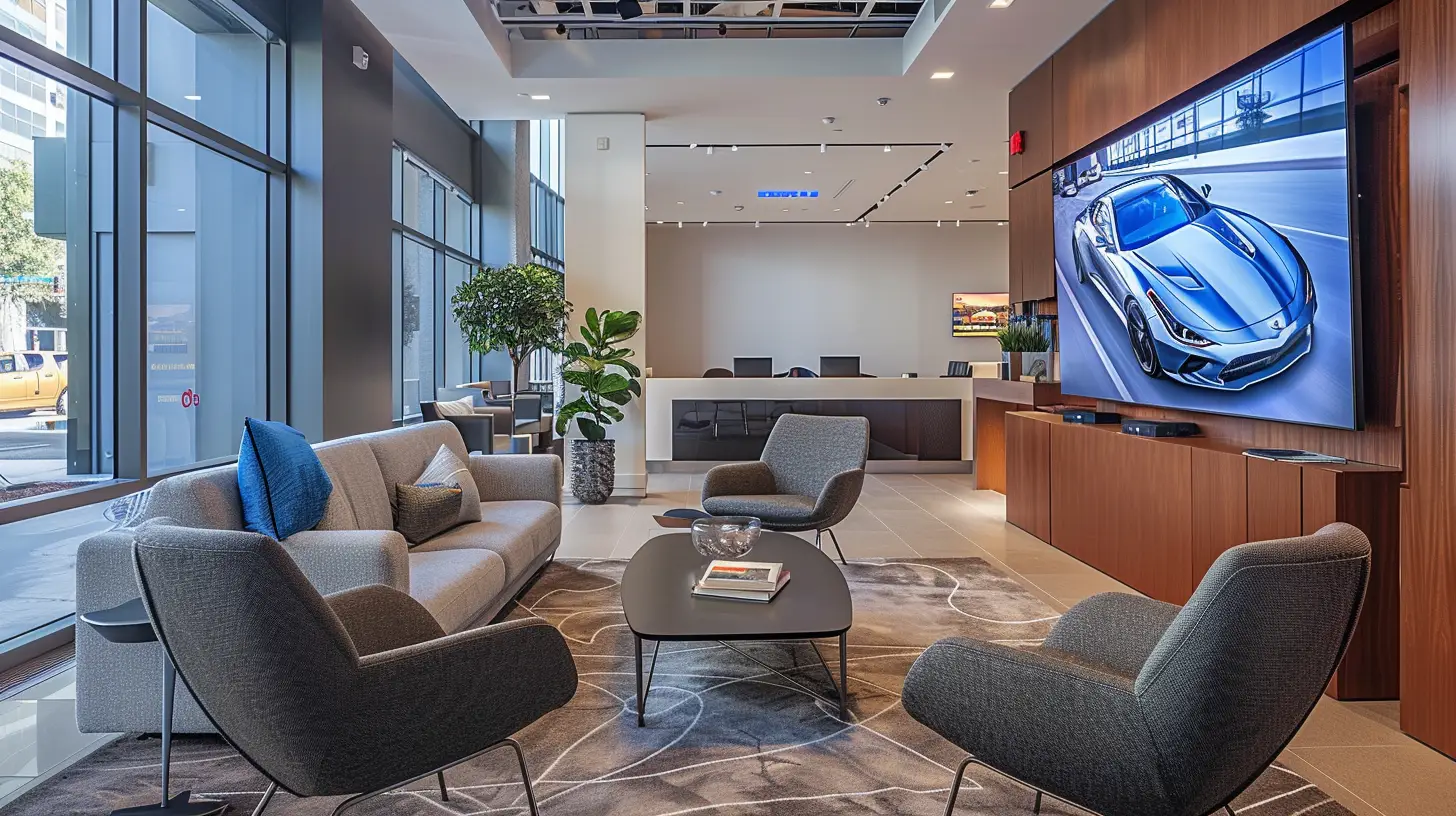  A sleek, modern car dealership waiting room with a large, high-definition TV mounted on the wall, displaying dynamic, high-resolution images and videos of the latest car models, surrounded by comfortable seating and stylish decor.