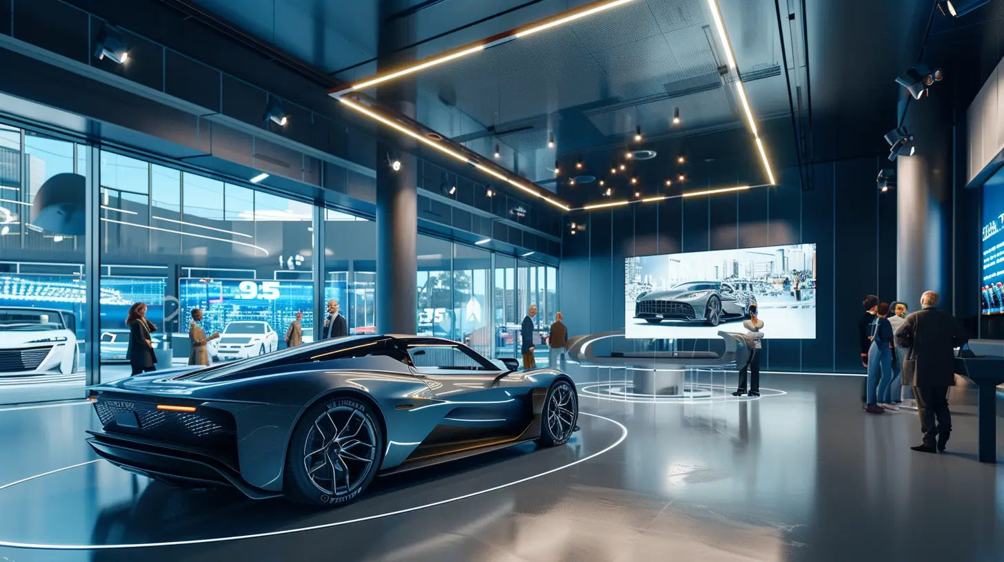 A sleek, modern car showroom with digital signage displaying dynamic car visuals and interactive features, surrounded by engaged visitors exploring vehicles, using touchscreens, and watching high-definition promotional videos on large screens.