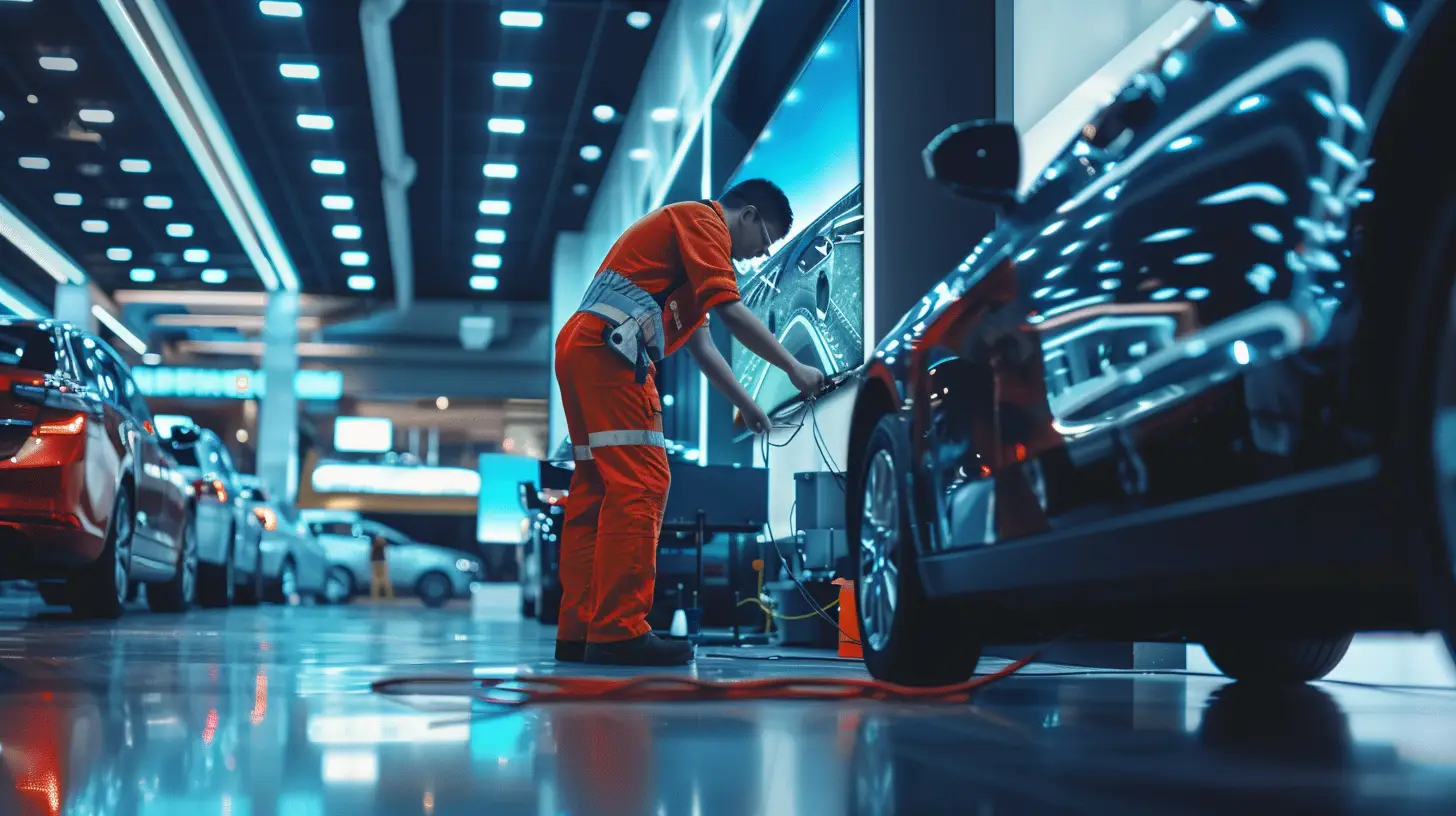 A technician installing a digital signage screen inside a modern car dealership, with tools and cables neatly organized. The car showroom background showcases sleek cars and ambient lighting reflecting off the glossy floor.