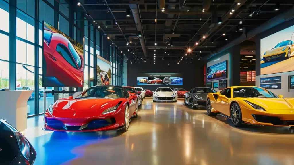 A vibrant car dealership showroom featuring sleek, modern cars, with dynamic digital signage displaying promotions, rotating vehicle features, and interactive customer service options, enhancing the overall customer experience and engagement.