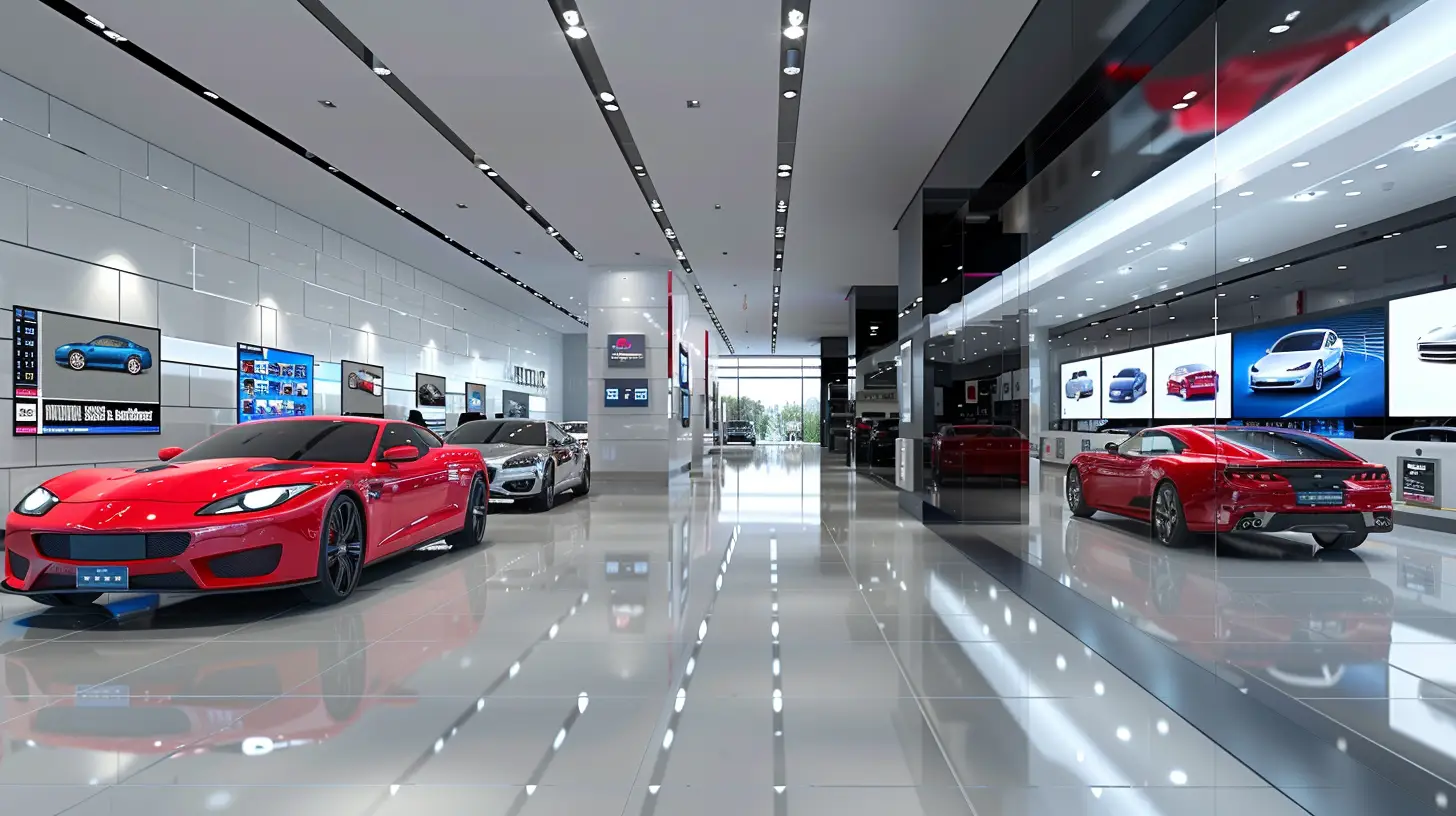 Create a high-tech automotive showroom with sleek digital signage displaying car promotions, interactive touchscreens for vehicle details, and vibrant LED displays showcasing car features, all set against a modern, well-lit environment.
