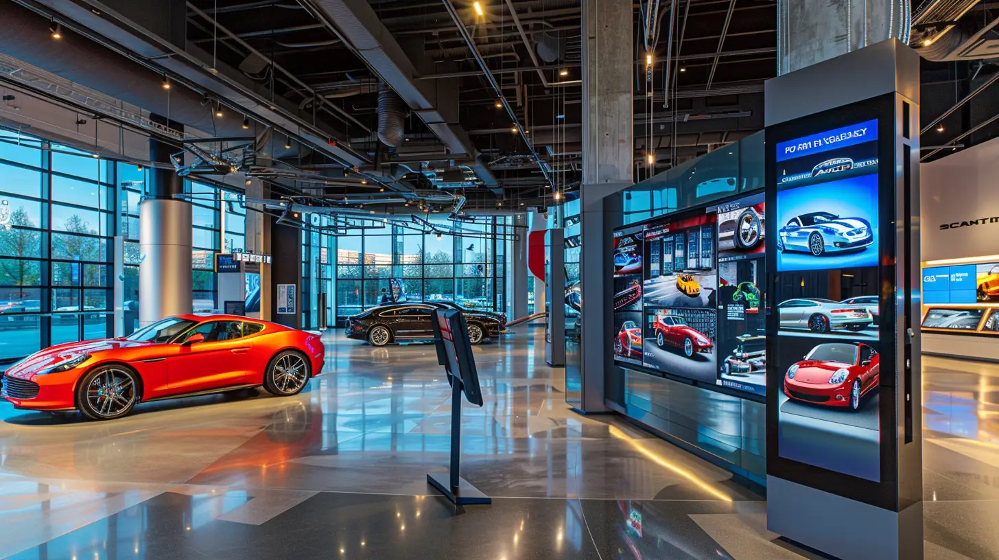 Create an image featuring a sleek car showroom with vibrant digital signage, including an interactive touchscreen kiosk, a large LED video wall displaying car features, and digital menu boards highlighting service options.