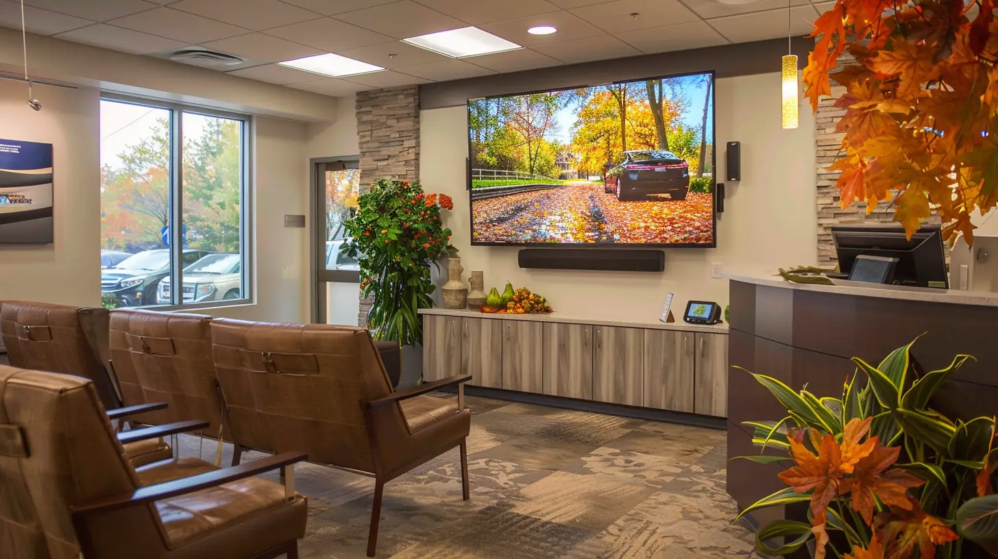 Create an image of a cozy car dealership waiting room decorated for autumn, with a TV displaying vibrant promotional graphics for seasonal offers. Incorporate warm lighting, fall foliage, and a comfortable seating arrangement.