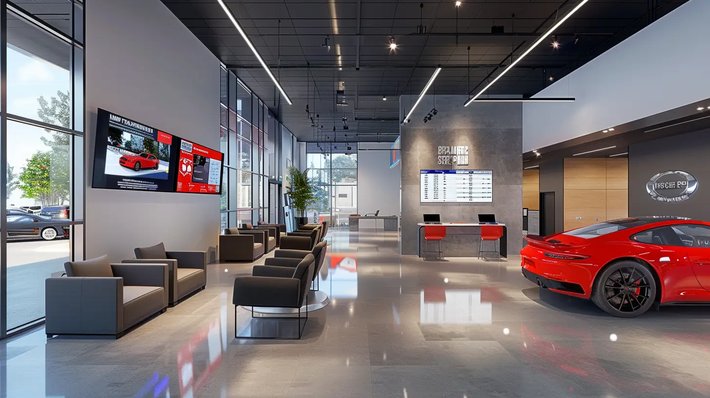 Create an image of a modern automotive waiting room with digital screens displaying customer feedback surveys, happy customers filling them out on tablets, and a sleek design featuring comfortable seating and ambient lighting.