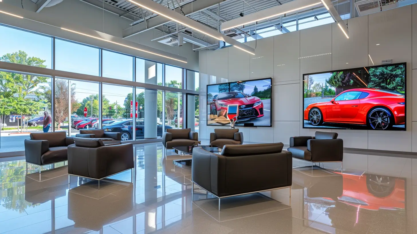 Create an image of a modern automotive waiting room featuring sleek digital signage displaying vibrant car service promotions, special offers, and high-quality visuals of automobiles, surrounded by comfortable seating and a clean, inviting atmosphere.