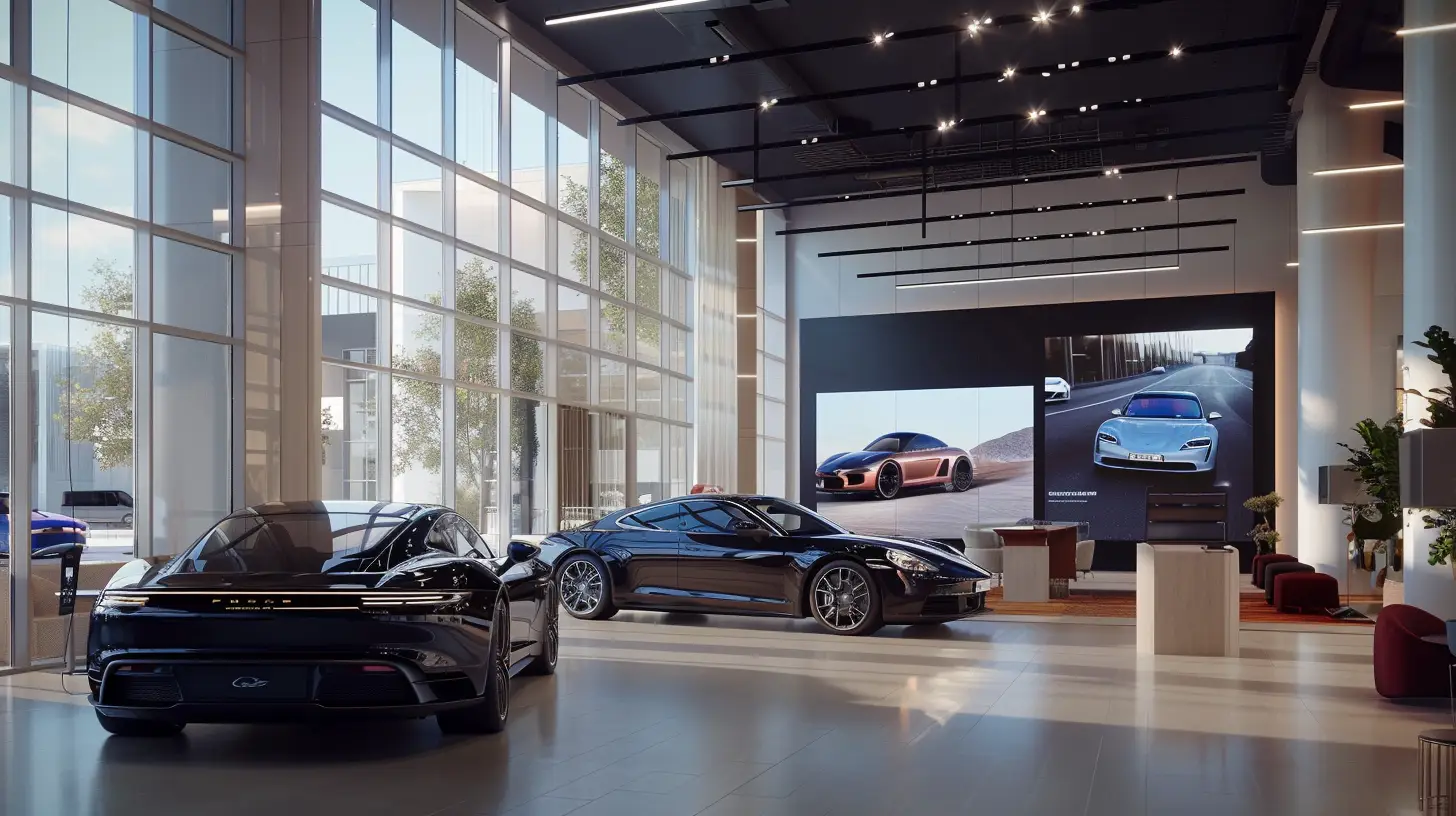 Create an image of a modern car dealership with sleek digital screens displaying promotions, vehicle features, and customer testimonials. Show a welcoming, high-tech environment with vibrant, engaging visuals and interactive displays.