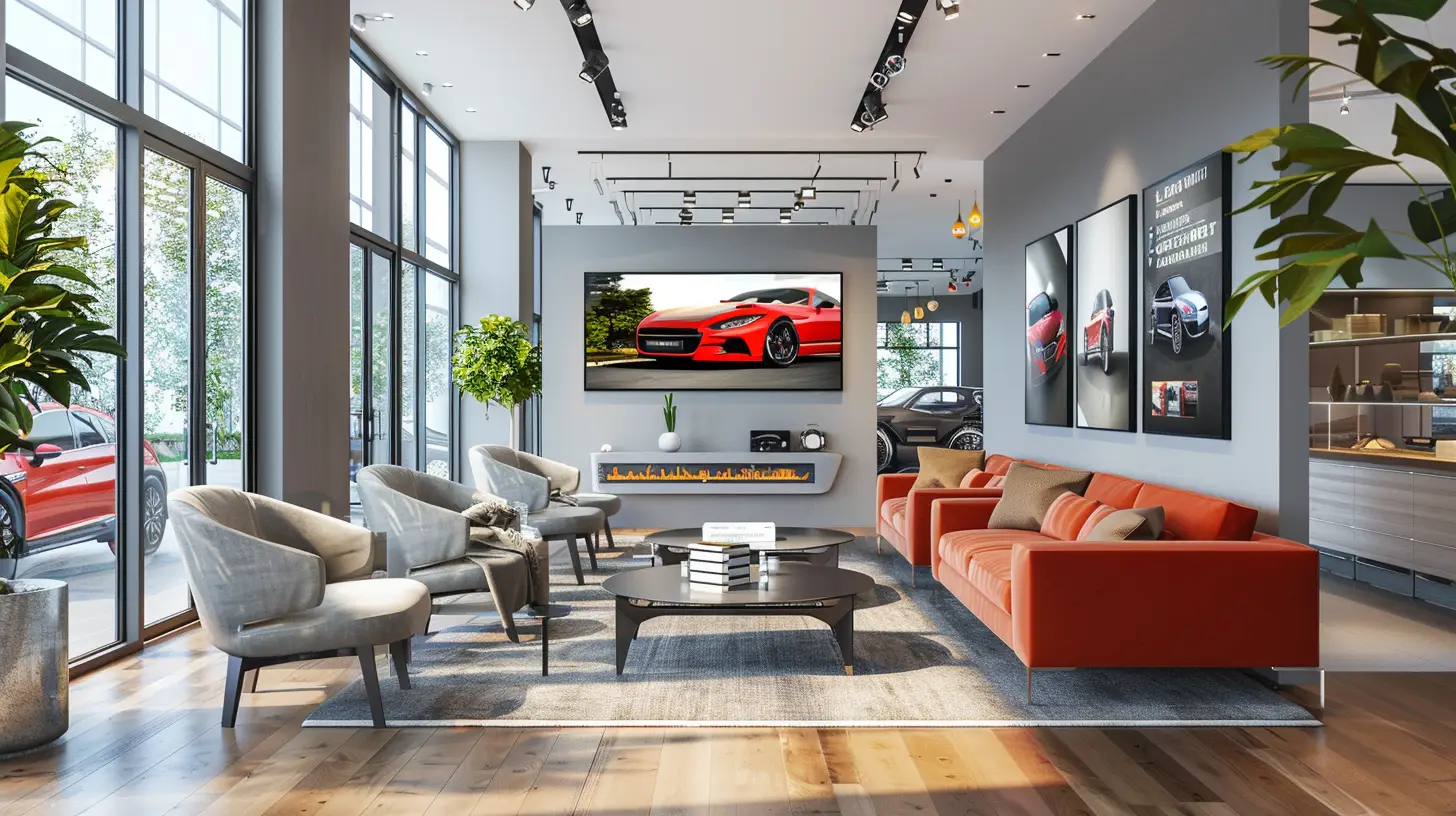 Create an image of a sleek car dealership waiting room with a modern TV displaying vibrant visuals of car service specials, surrounded by comfortable seating, stylish decor, and a few customers engaging with the content