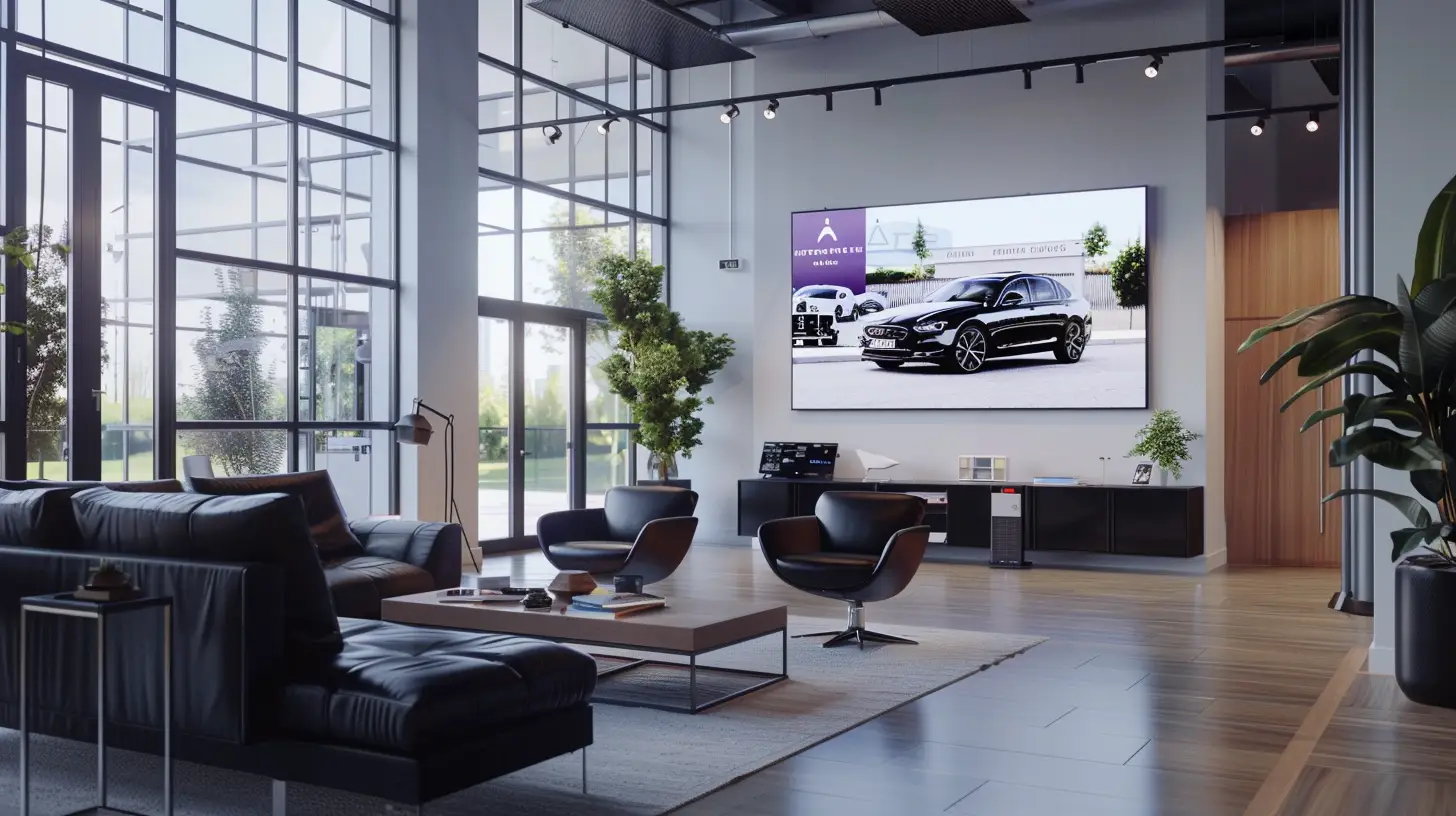  Create an image of a sleek car dealership waiting room with a modern TV screen displaying vibrant graphics of upcoming events like car launches, special sales, and community activities.