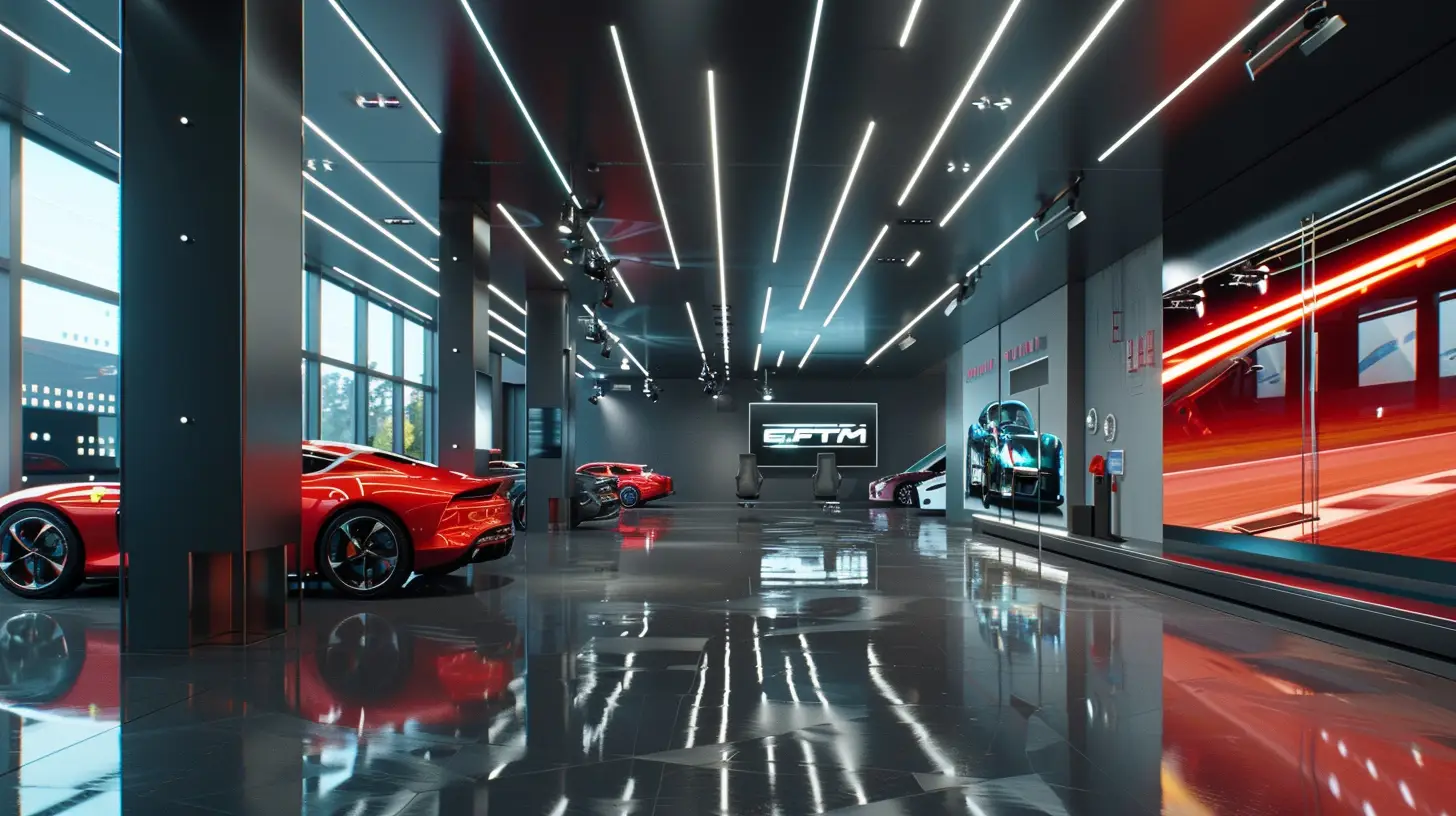 Create an image of a sleek car showroom with digital signage displaying vibrant, dynamic automotive content like rotating car models, immersive race track footage, and interactive service information, with a professional and modern design aesthetic.