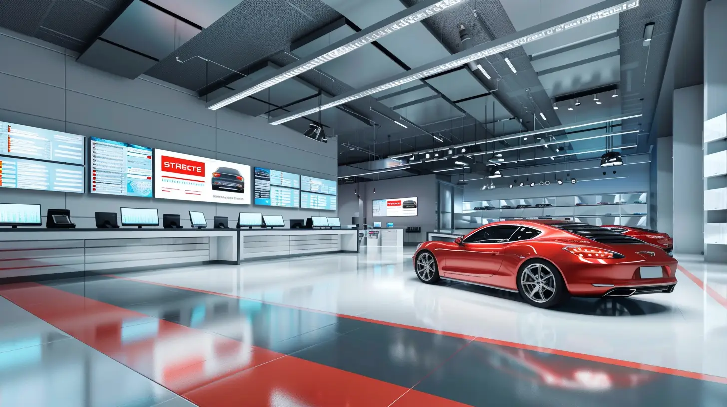 Create an image of a sleek, modern car dealership service area with high-resolution digital service menu boards displaying vibrant graphics, car maintenance options, and prices. The space is well-lit, clean, and professional.