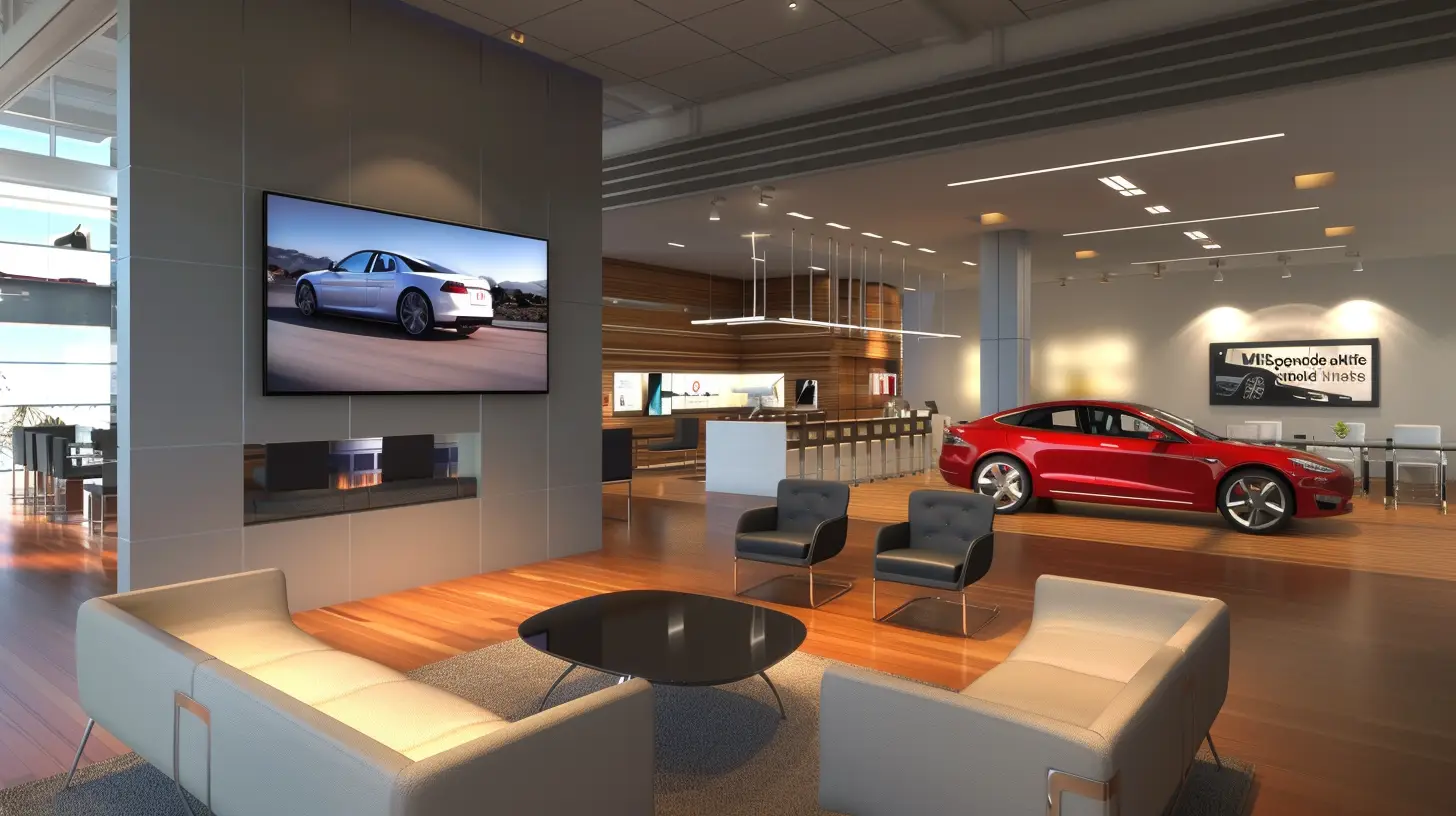  Create an image showing a modern car dealership waiting room with a sleek TV screen displaying interactive content, like touch-enabled car model exploration, service booking, and virtual test drive experiences.