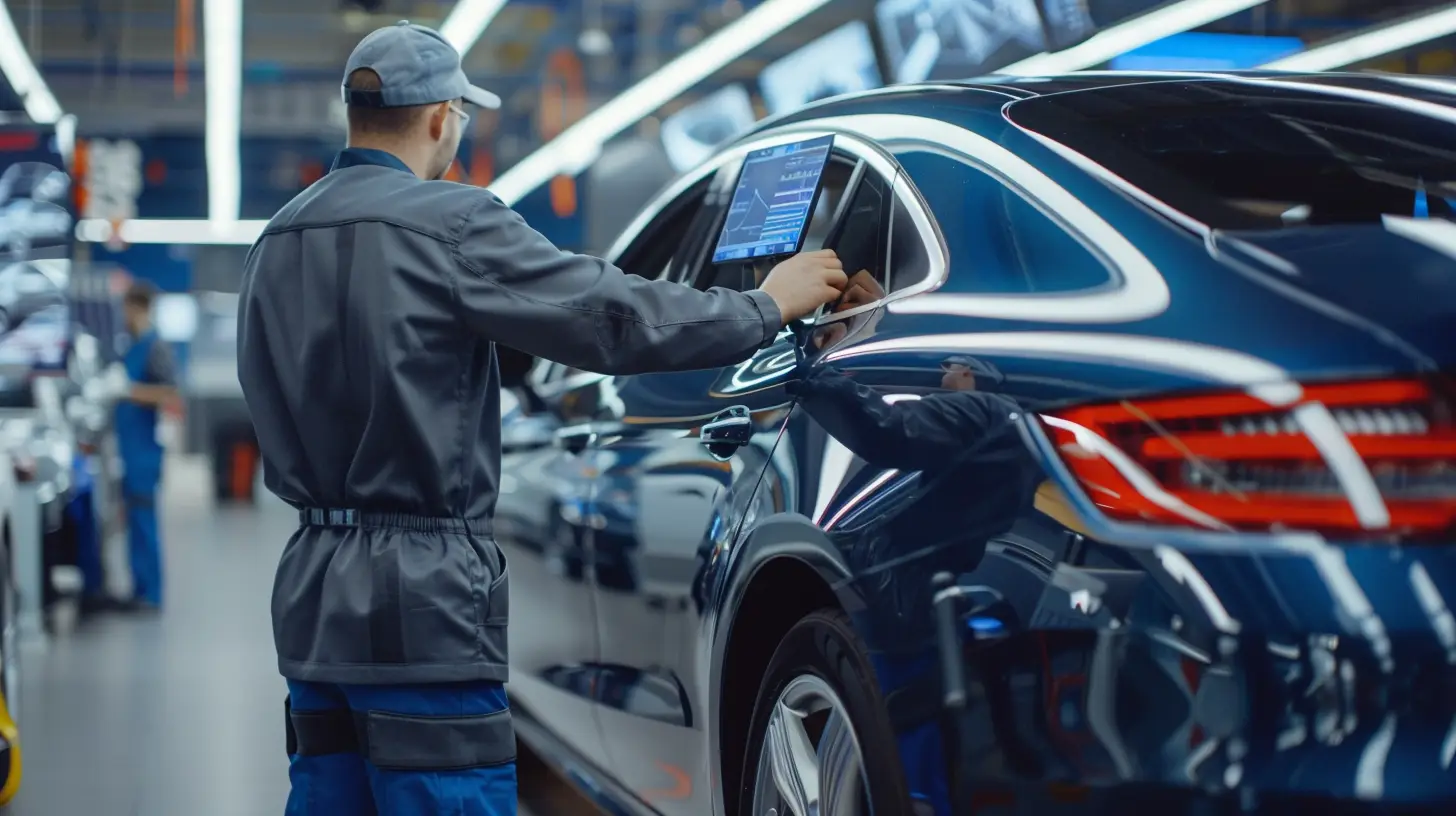  Mechanics installing sleek digital signage screens at a modern car dealership, wiring connections, mounting displays on walls, testing screen functionality, surrounded by shiny cars and bright showroom lights.