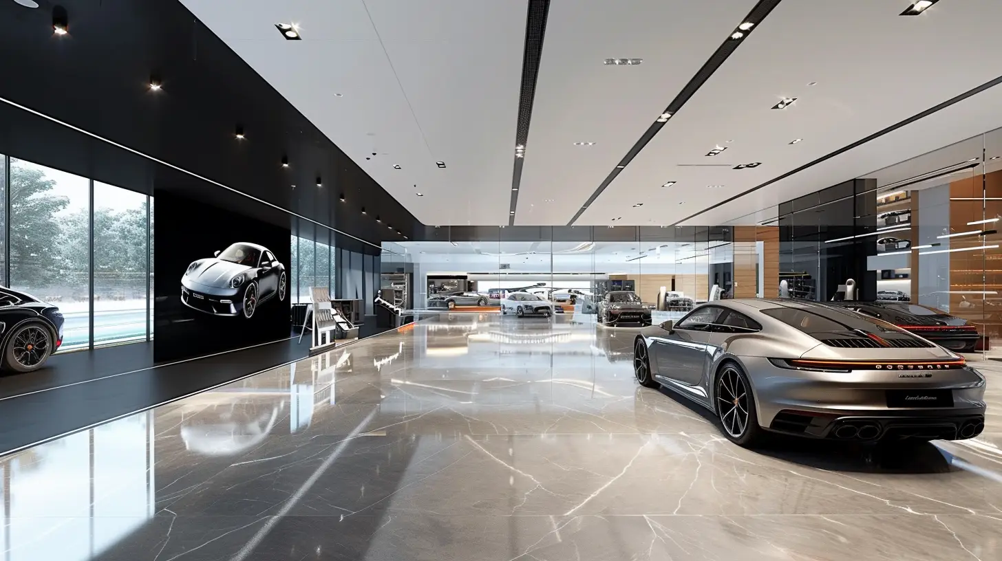  Modern car showroom with sleek digital signage displays showcasing high-definition car models, rotating 360-degree views, vibrant color options, and interactive touchscreens. Elegant ambiance with polished floors, stylish lighting, and luxury vehicles.