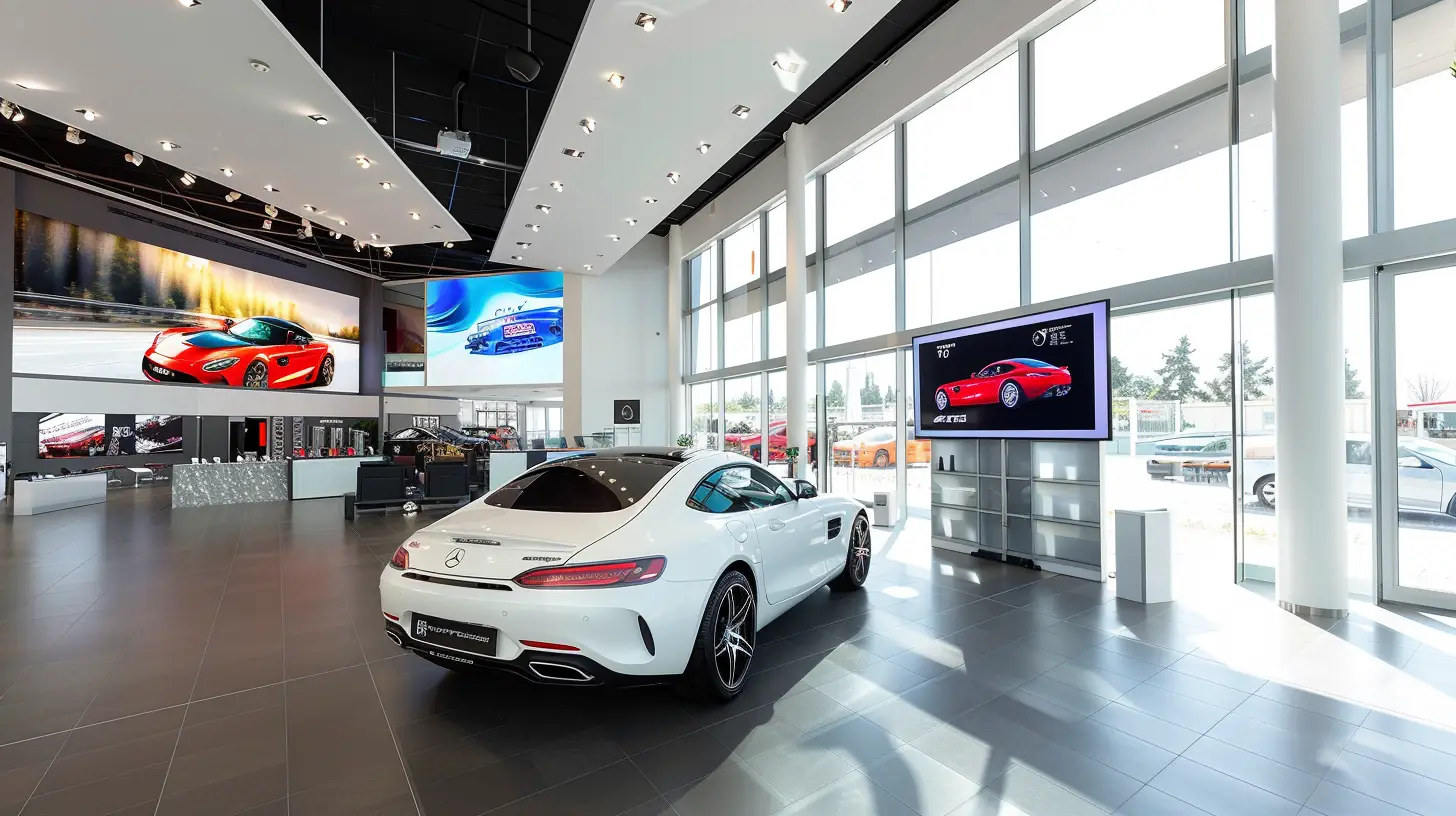 Vibrant car dealership showroom with sleek digital signage displaying dynamic visuals of special deals, discounts, and promotions. Modern cars and engaging graphics create a high-tech, enticing atmosphere.