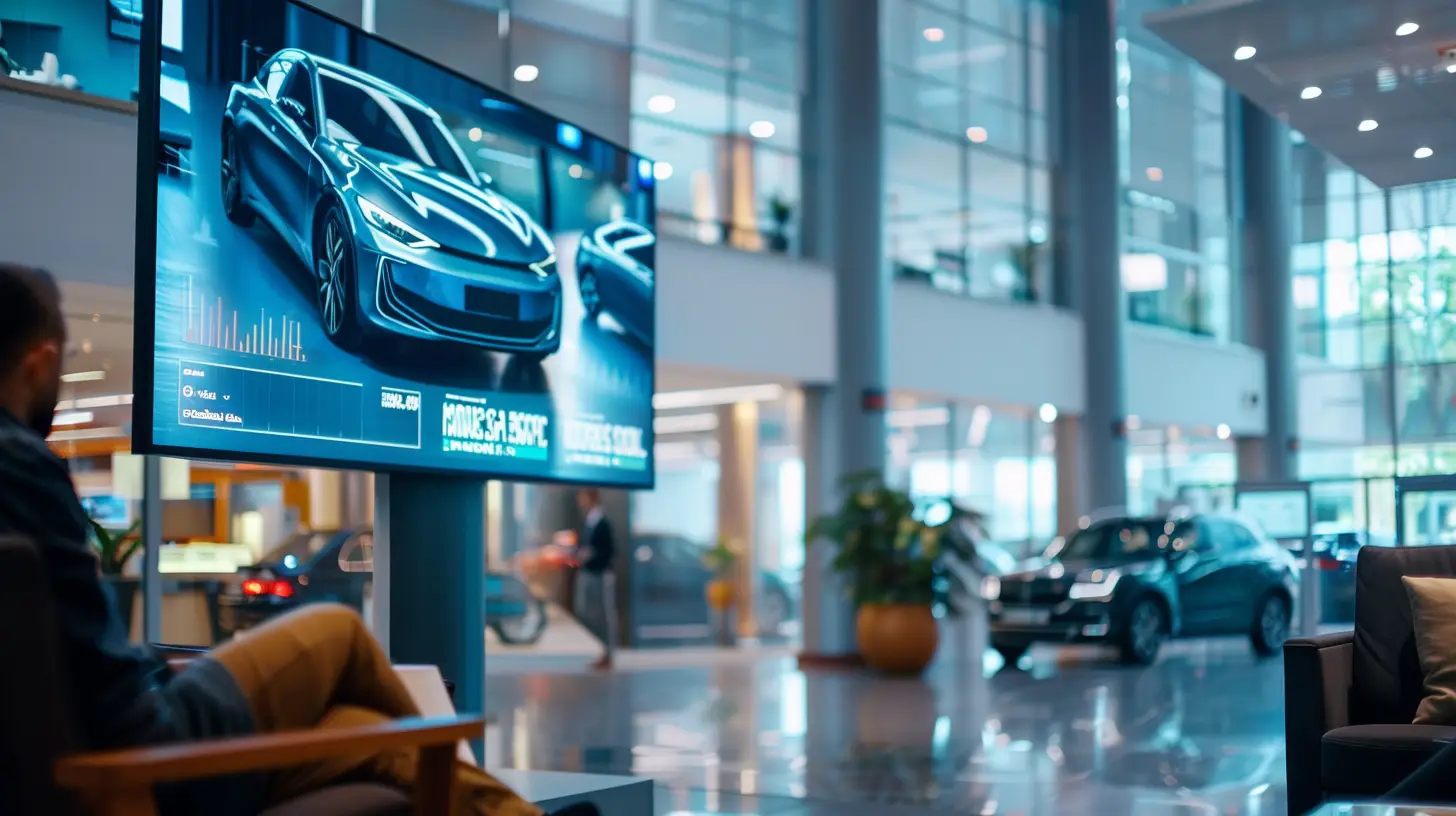  A busy car dealership waiting room with a sleek TV screen displaying vibrant, engaging car advertisements; sales metrics and charts subtly integrated into the screen, indicating data analysis and success measurement.