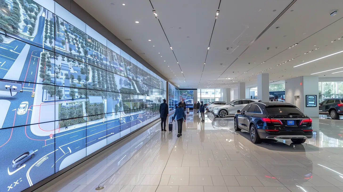  A modern car dealership showroom with sleek digital video walls displaying dynamic, vibrant maps and vehicle information, guiding customers efficiently through the space with clear, visually engaging directions and highlighted pathways.