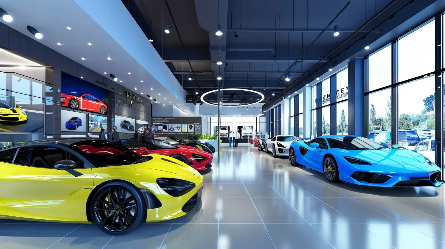 A modern car dealership showroom with sleek video walls displaying interactive car customization options, vibrant colors, and 3D models. Customers engage with touchscreens, adjusting features and viewing their personalized vehicles in real-time.