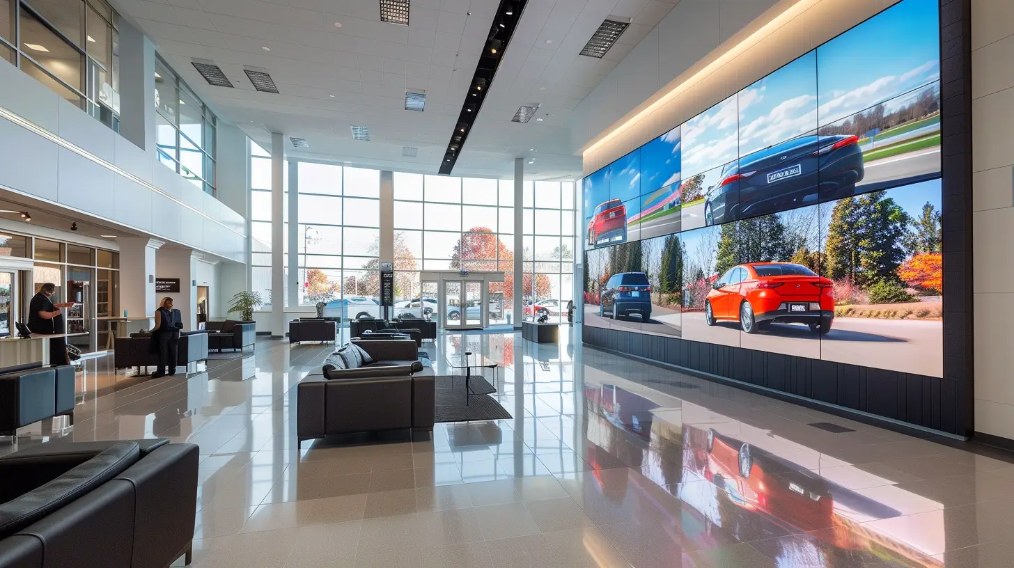 A modern car dealership showroom with sleek video walls displaying vibrant, happy customer testimonials, smiling families, and satisfied buyers with their new cars amidst a stylish, clean, and welcoming environment.