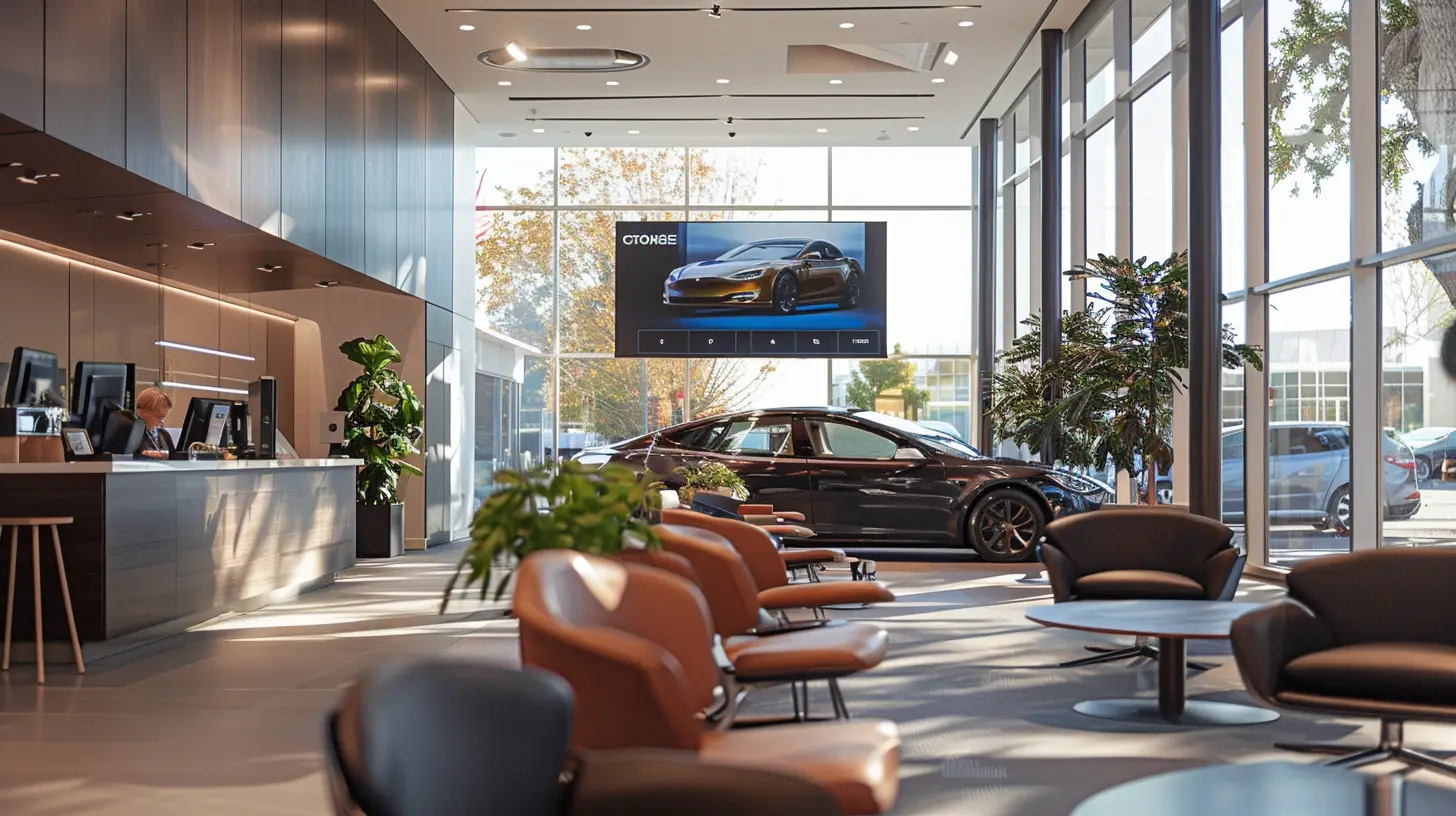  A modern car dealership waiting room with a large TV screen displaying informative segments; customers sit comfortably in stylish chairs, surrounded by sleek cars, potted plants, and a coffee station in the background.