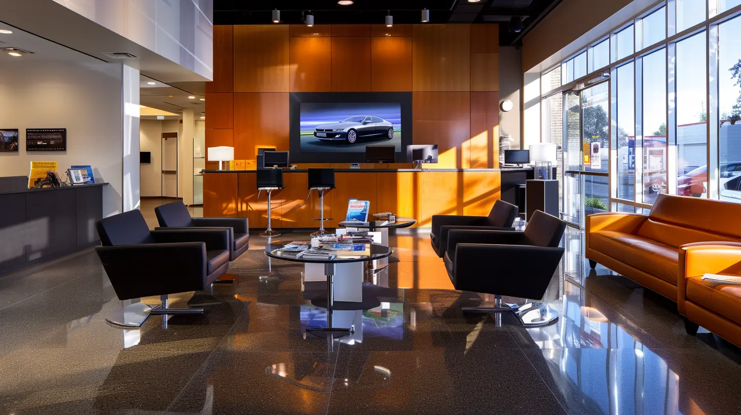 A modern car dealership waiting room with a sleek TV on the wall, technicians adjusting cables and settings, surrounded by comfortable seating, magazines, and ambient lighting reflecting off polished floors.