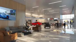 A modern car dealership waiting room with a sleek TV on the wall, technicians adjusting cables and settings, surrounded by comfortable seating, magazines, and ambient lighting reflecting off polished floors.