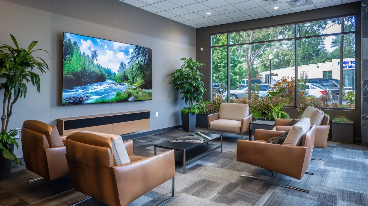 A modern car dealership waiting room with comfortable seating, a high-definition TV displaying a vibrant and captivating nature documentary, and customers visibly engaged and entertained.