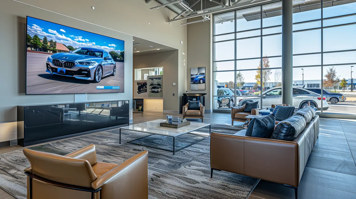 A modern car dealership waiting room with comfortable seating, a large flat-screen TV displaying dynamic car advertisements, happy customers, and sleek cars in the background. Bright, inviting lighting and a polished, professional atmosphere.