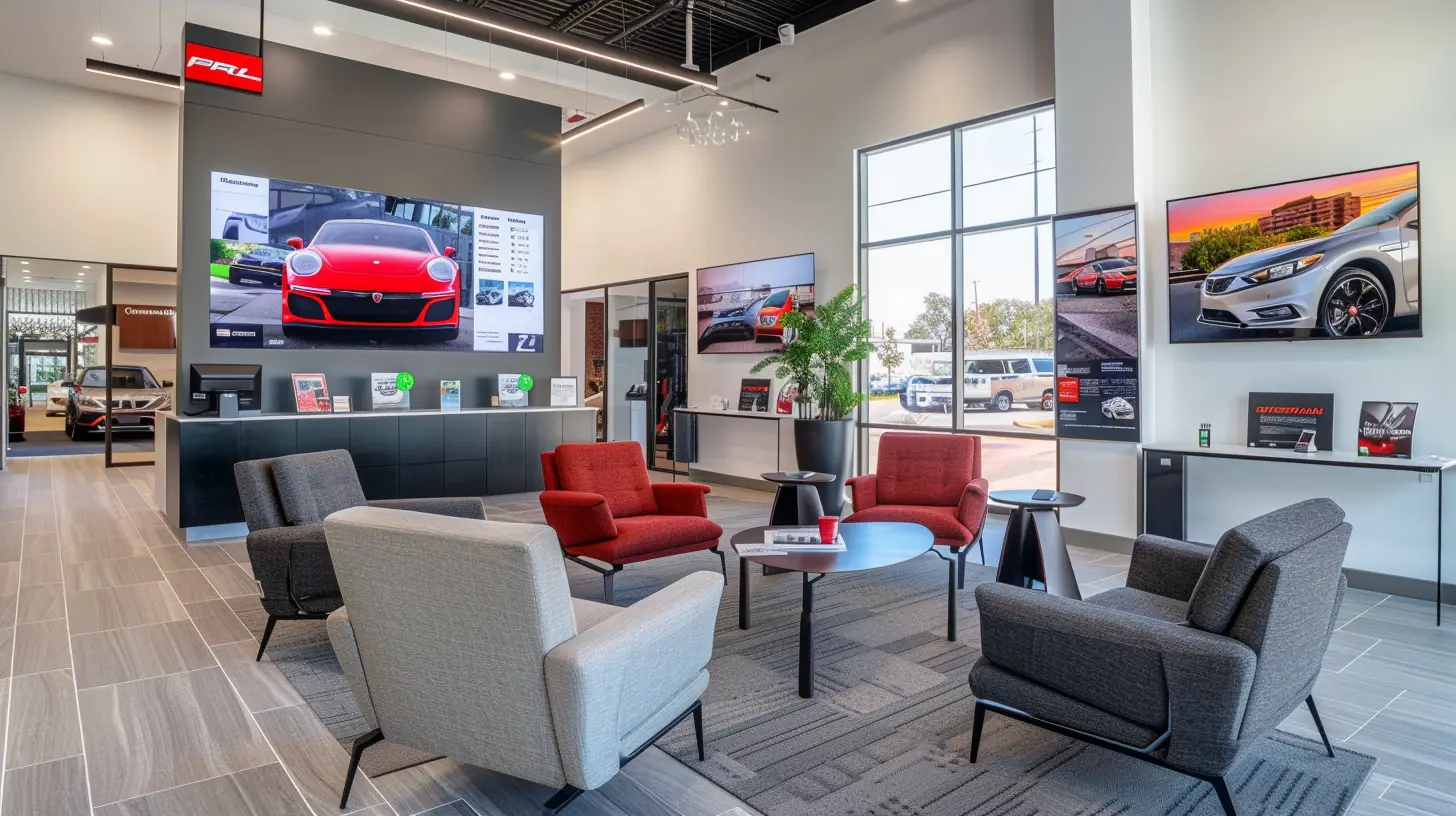  A modern car dealership waiting room, with comfortable seating, sleek decor, and a large TV screen displaying vibrant car commercials and promotional content, surrounded by brochures and posters of the latest car models and offers.