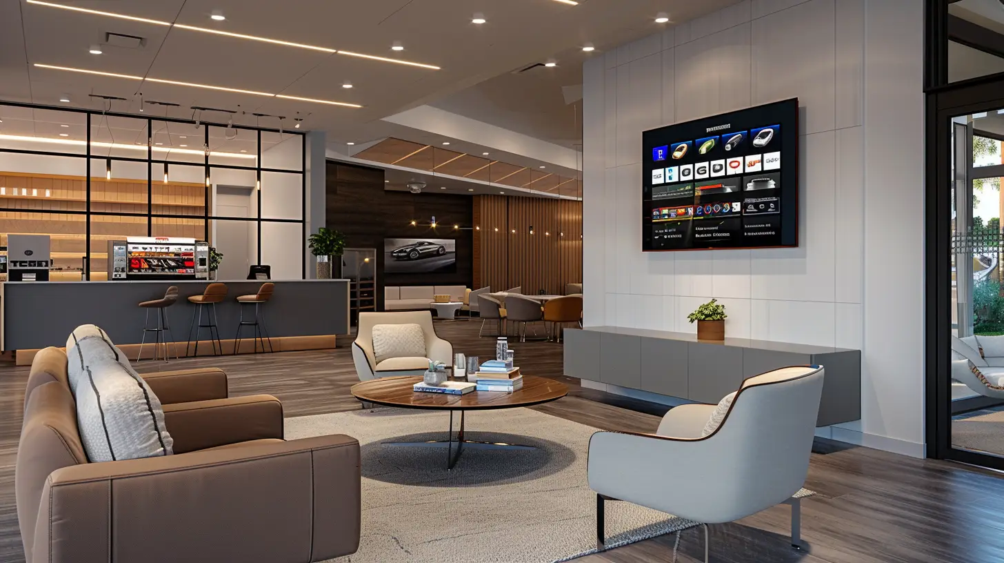 A modern car dealership waiting room with sleek, comfortable seating, a large wall-mounted TV displaying a customizable interface with various entertainment options, serene ambiance, soft lighting, and a coffee station in the background.