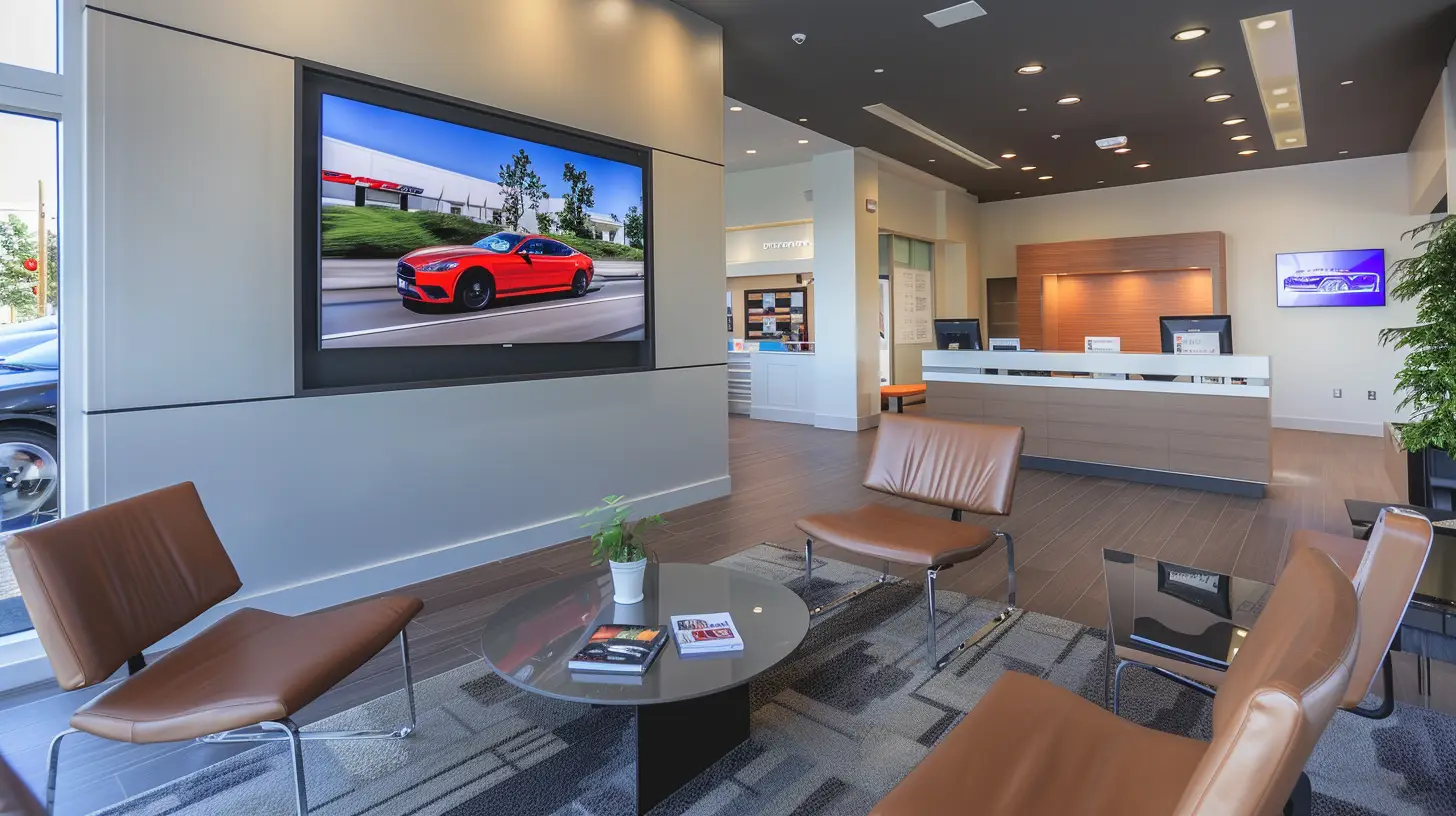  A modern car dealership waiting room with sleek, comfortable seating, a large wall-mounted TV displaying vibrant car commercials, maintenance tips, and engaging customer testimonials, all surrounded by stylish automotive decor and glossy brochures.