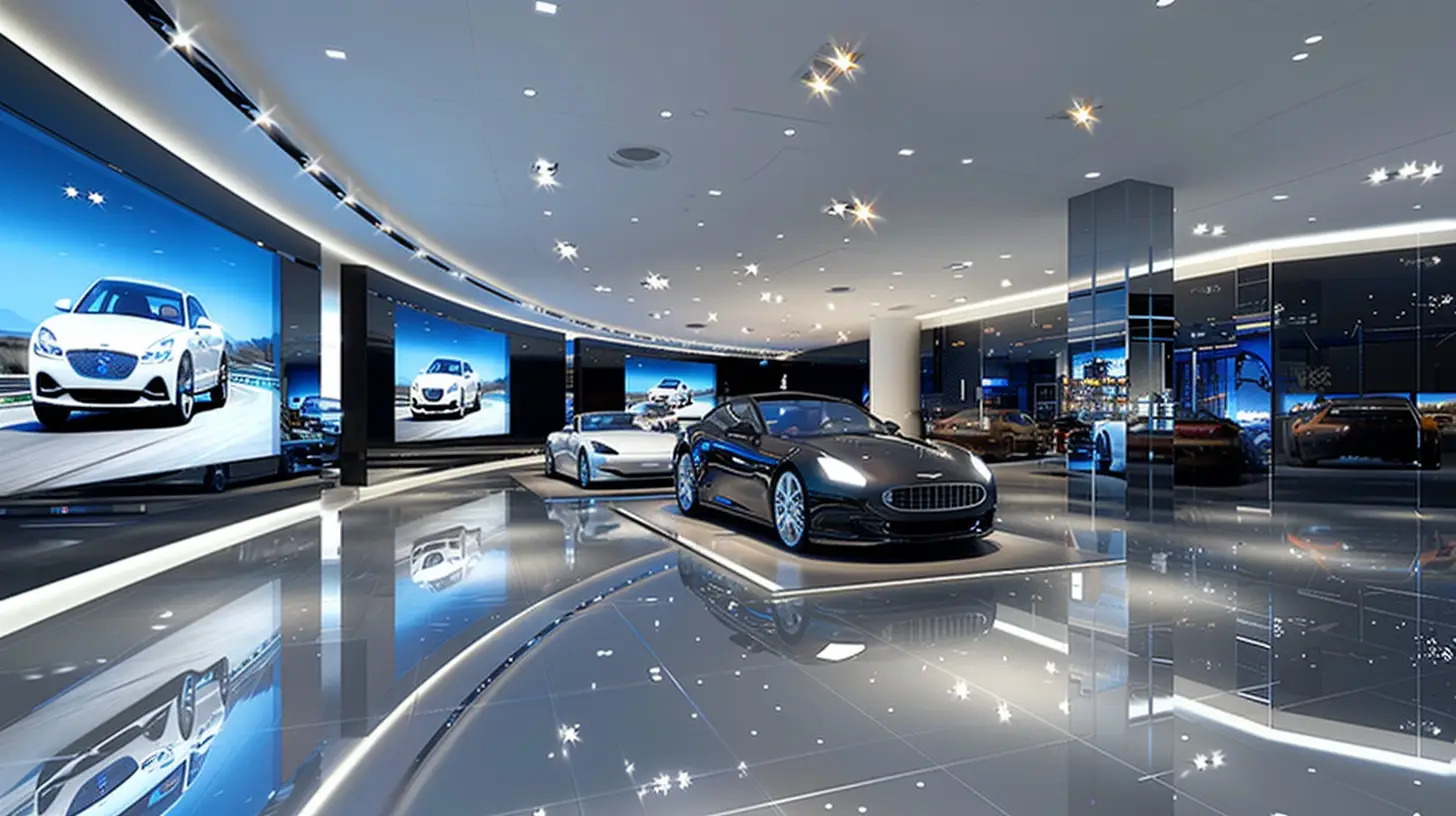  A modern car showroom with sleek, illuminated video walls displaying high-resolution car images and ambient lighting, creating a luxurious and inviting atmosphere with polished floors reflecting the vibrant displays and elegant car models.