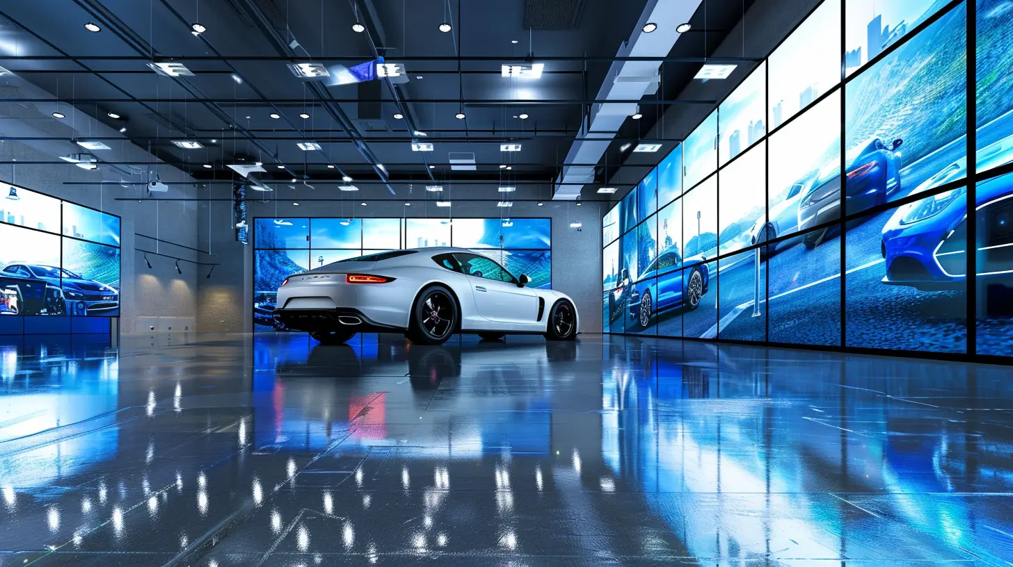 A sleek car dealership showroom featuring modern video walls displaying vibrant, dynamic car deals and promotions, with polished cars reflecting the digital screens, creating an immersive, high-tech experience for customers.