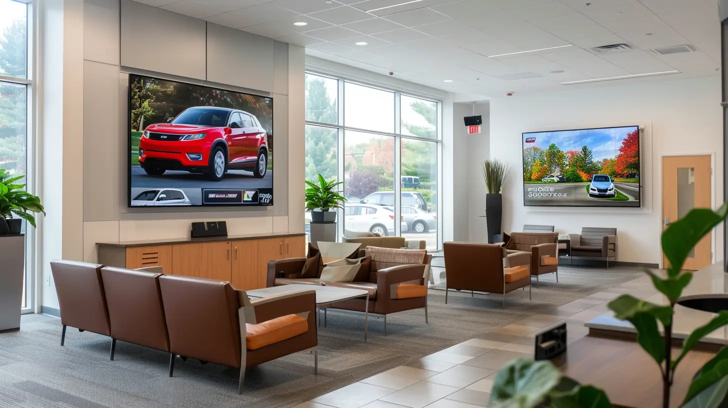  A sleek car dealership waiting room with modern, wall-mounted TV screens displaying vibrant car commercials, comfortable seating, ambient lighting, and a clean, professional atmosphere.