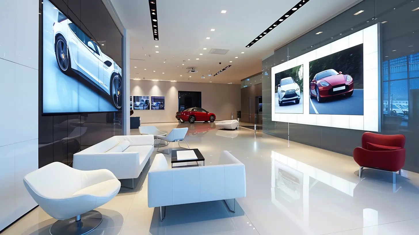  A sleek, modern car dealership waiting room with a large, high-definition TV displaying customized car advertisements, vibrant visuals of luxury cars, animated customer testimonials, and a clean, professional ambiance with comfortable seating.