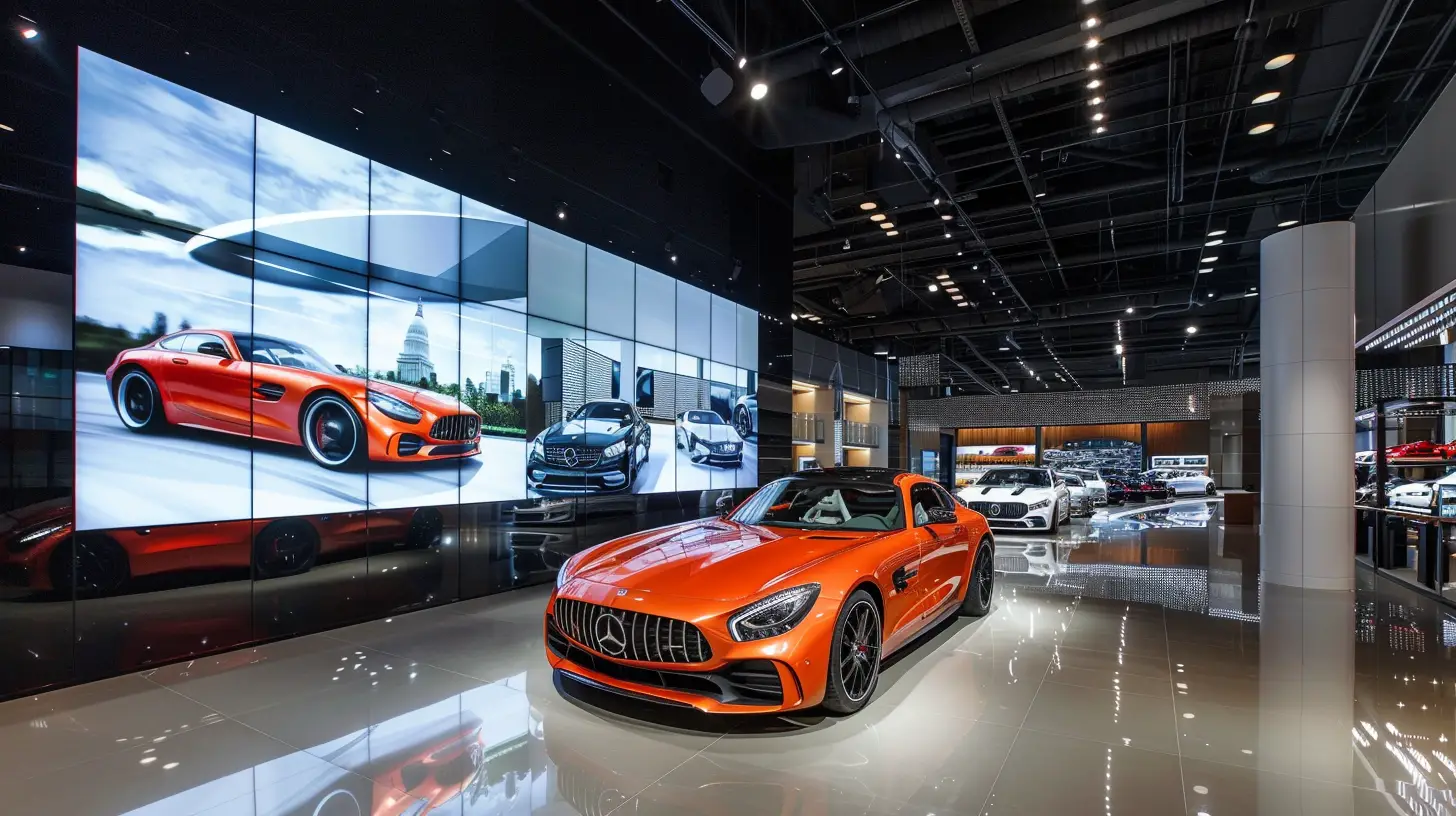 State-of-the-art car dealership showroom with sleek, high-definition video walls displaying dynamic visuals of luxury vehicles in motion, surrounded by modern, minimalist design elements and ambient lighting that highlights the cars on display.