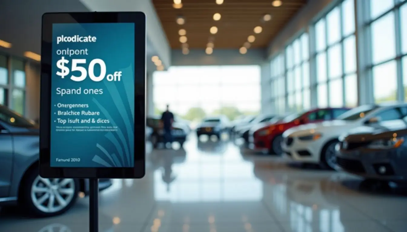 A modern automotive showroom featuring digital sign, cars on polished floors.