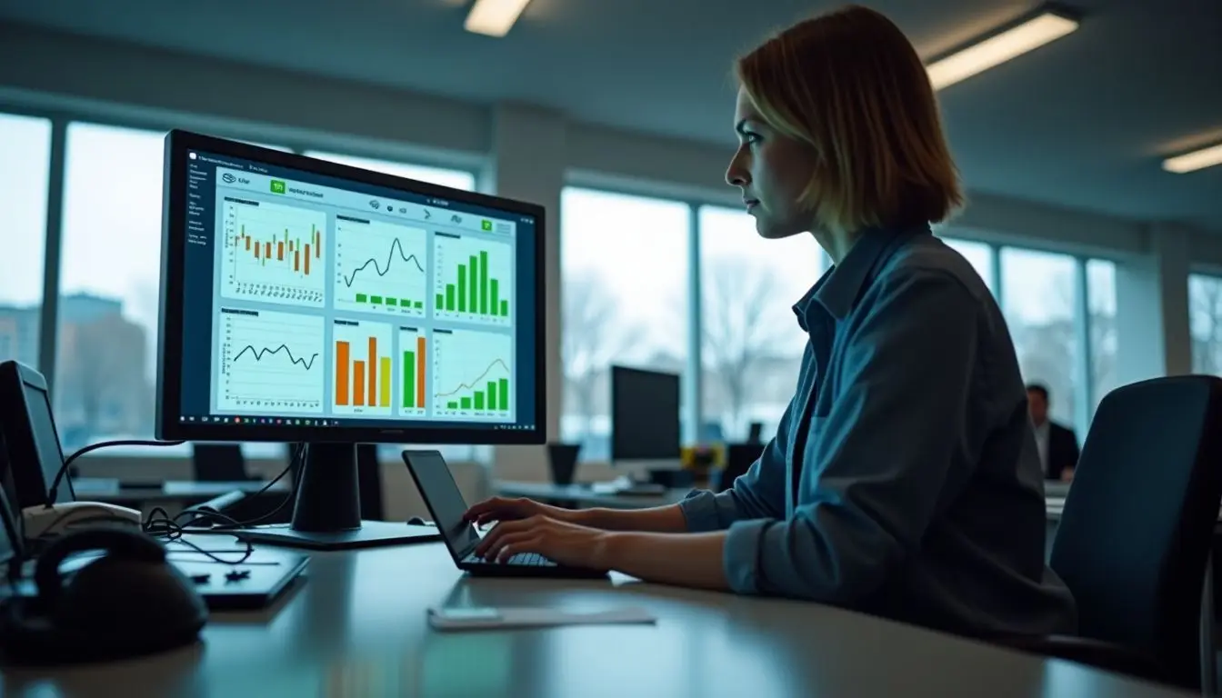 A well-organized service department with a large digital dashboard displaying performance metrics.