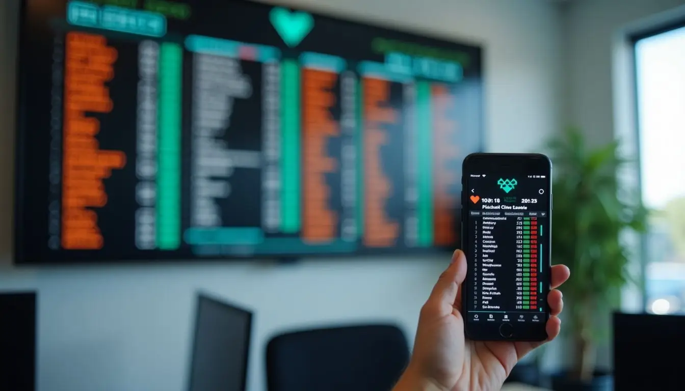 A digital sales leaderboard in a dealership office with colorful names and numbers.