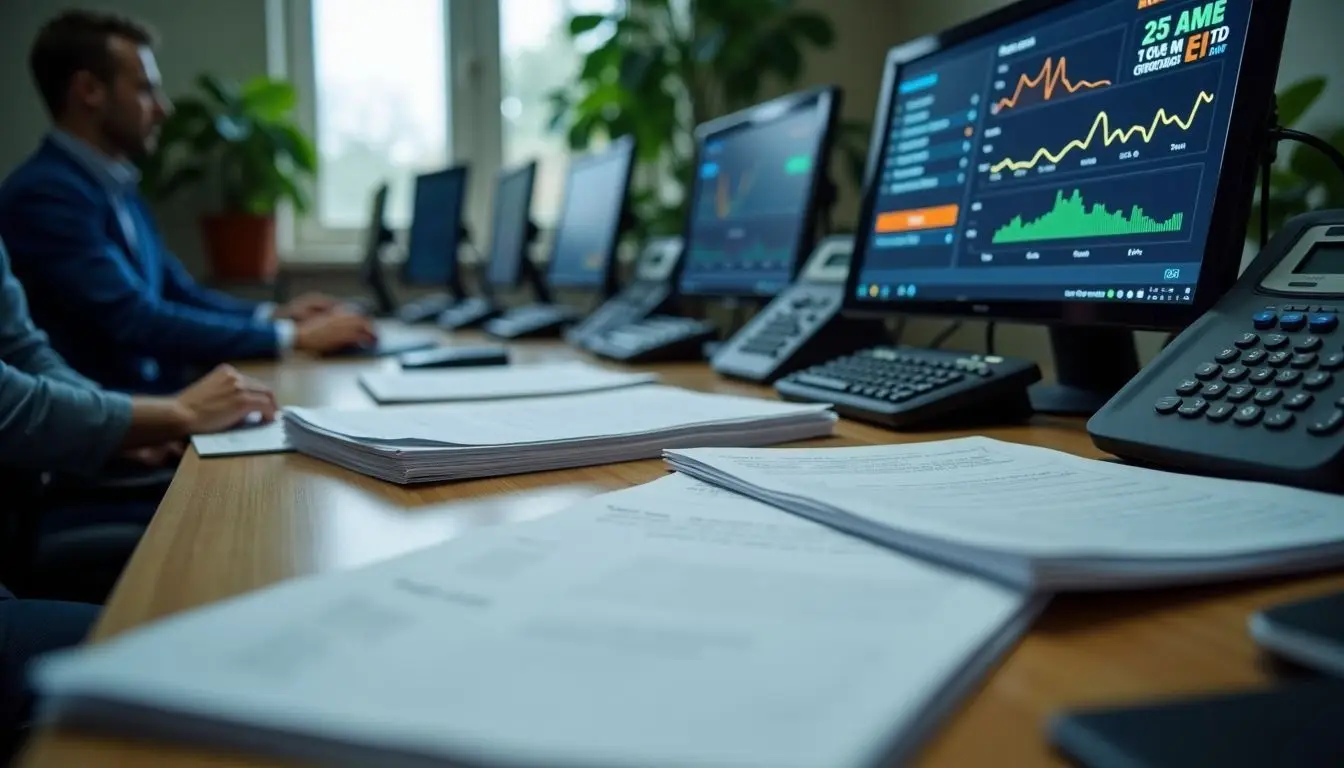 A cluttered service advisor's desk with ringing phones and digital metrics.